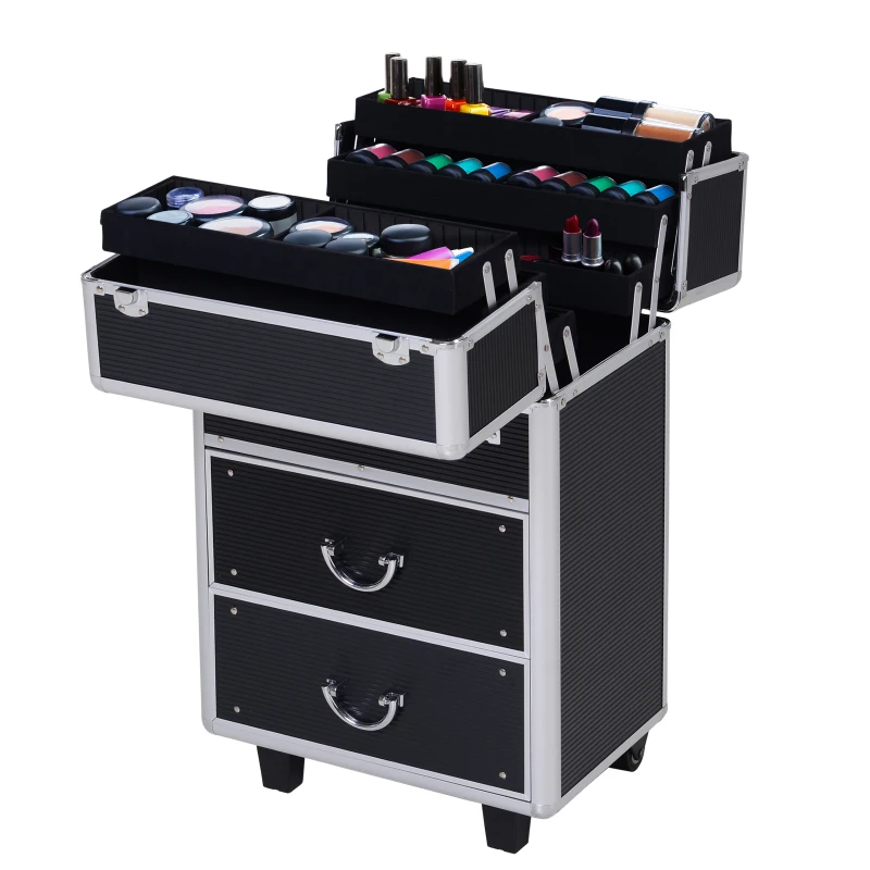HOMCOM Valise trolley maquillage mallette cosmétique vanity poignée télescopique réglable 36L x 23l x 58H cm alu noir
