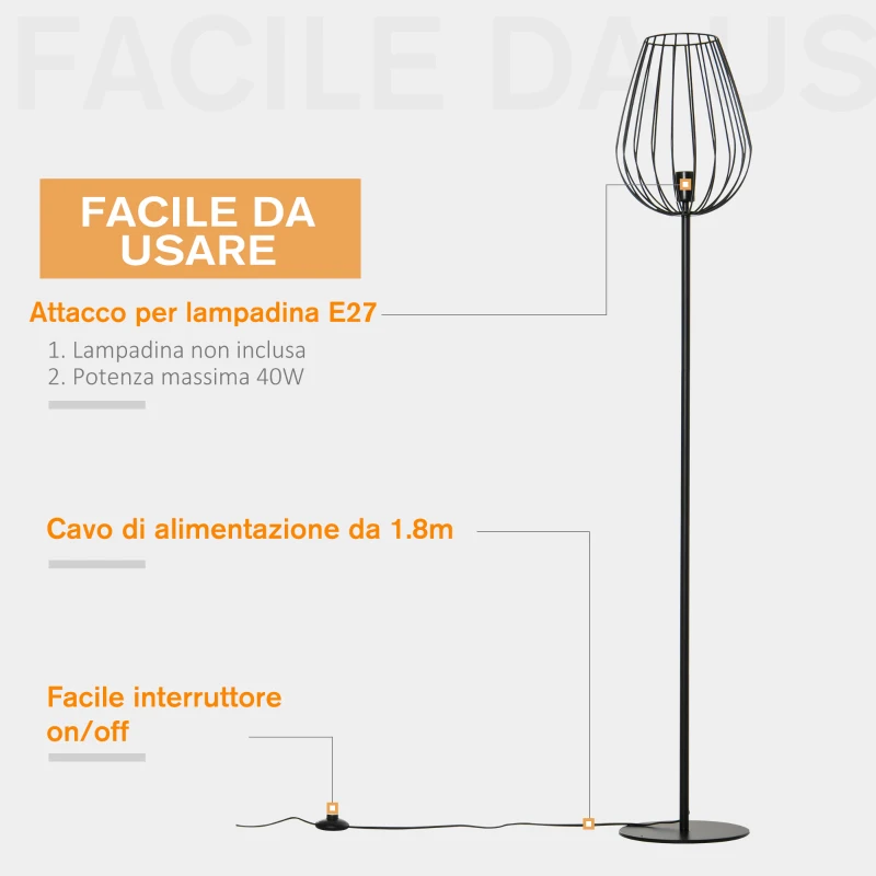 HOMCOM Lampada da Terra Design Industriale Retrò, Paralume in Metallo, Illuminazione Interni Casa, Studio, Ufficio