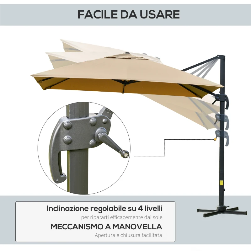 Outsunny Ombrellone 3x3 m da Giardino a Braccio con Manovella, Inclinazione Regolabile e Girevole a 360°, Khaki