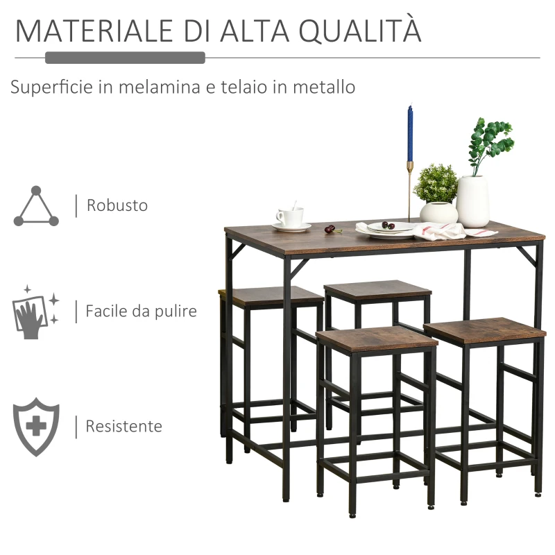 HOMCOM Set Tavolo Alto con 4 Sgabelli Stile Industriale in Metallo e Legno, Arredamento Moderno Soggiorno e Cucina, Marrone Rustico