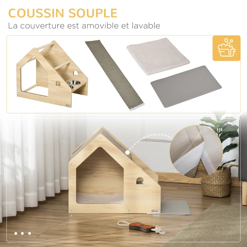 PawHut Niche à Chien et Chat Maison pour Chien et Chat d'intérieur Design avec Deux gamelles et Coussin Amovible - Beige