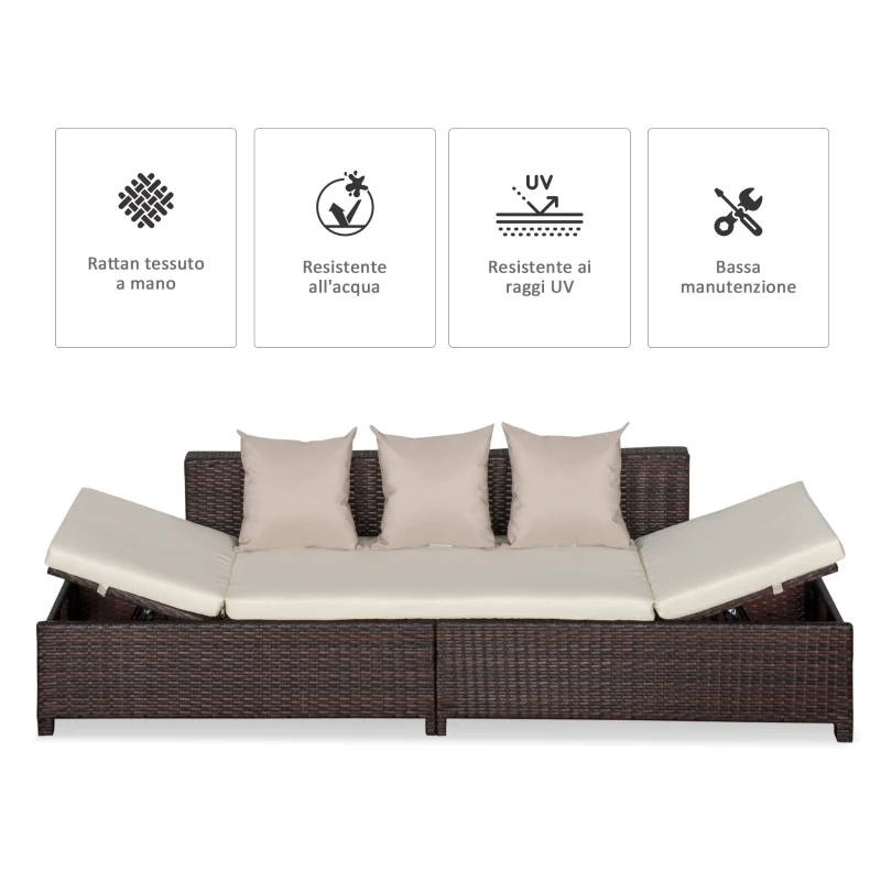 Outsunny Divano da Esterno Convertibile in Rattan Marrone, Salotto Mobile da Giardino con Cuscini Imbottiti, 220x68x62cm