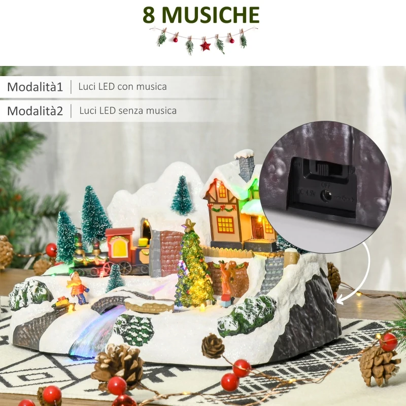 HOMCOM Villaggio di Natale con Luci LED, 8 Musiche e Albero Girevole, 30x19x19.5cm