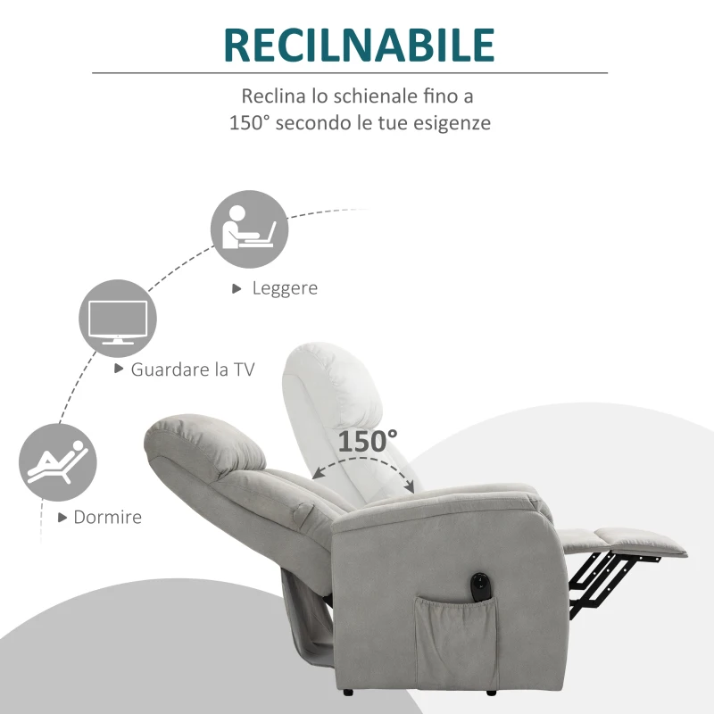 HOMCOM Poltrona Relax Elettrica, Poltrona Alzapersona con Telecomando, Poltrona Reclinabile 150° in Tessuto Grigio, 75x93x110cm