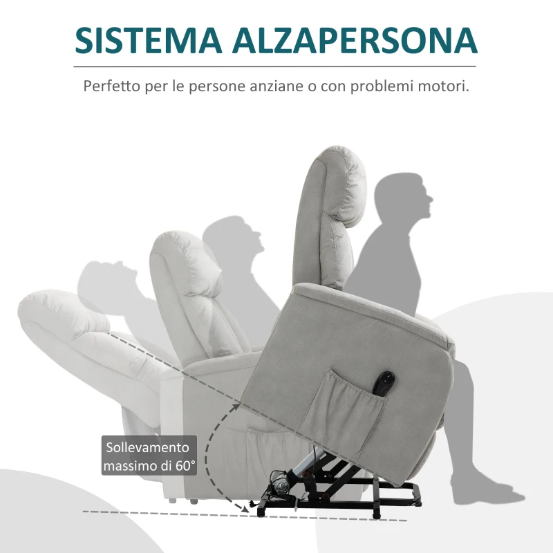 HOMCOM Poltrona Relax Elettrica, Poltrona Alzapersona con Telecomando, Poltrona Reclinabile 150° in Tessuto Grigio, 75x93x110cm