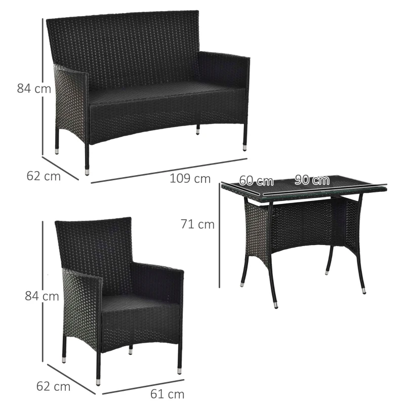 Outsunny Salotto da Giardino con Tavolo, 2 Poltrone e Divano 2 Posti, Set Mobile da Giardino in Rattan PE con Cuscini, Nero e Bianco