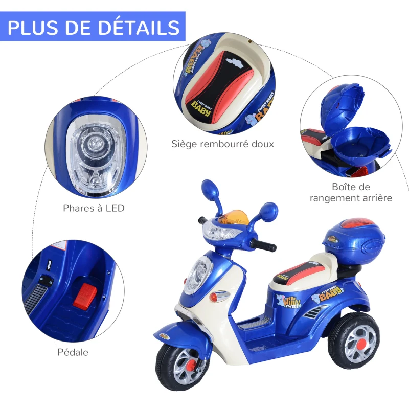 HOMCOM Moto Scooter électrique pour Enfants 6 V env. 3 Km/h 3 Roues et topcase Effet Lumineux et sonore Bleu