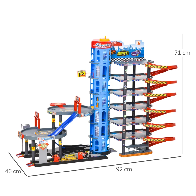 HOMCOM Garage Giocattolo a 7 Livelli con Rampe, Ascensore ed Eliporto, Elicottero e Macchinine Incluse, 92x46x71cm, Multicolore