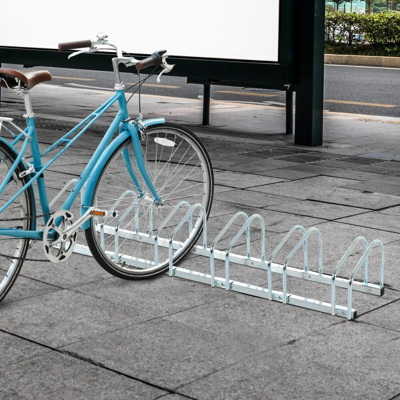 HOMCOM Rastrelliera Biciclette da Pavimento o Parete, Portabici da Terra per 6 Biciclette in Acciaio, Ruote Fino 55 mm, 179x33x27 cm, Argento