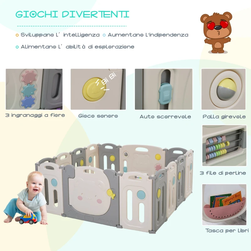 HOMCOM Box Recinto per Bambini +6 Mesi con 14 Pannelli a Incastro con Serratura e Giochi, Grigio e Bianco 160x152x62cm