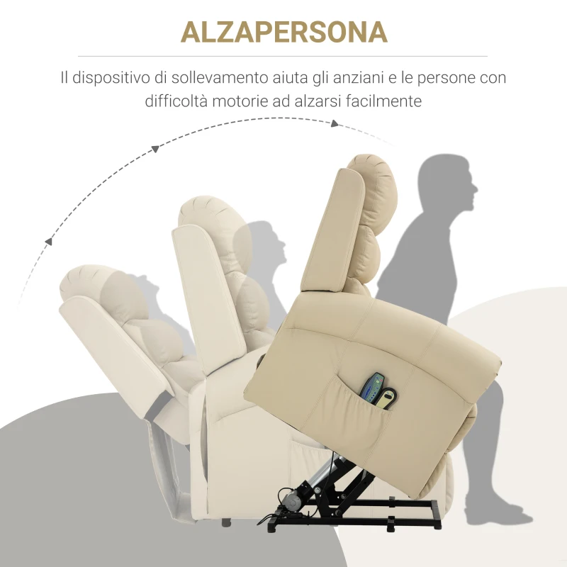 HOMCOM Poltrona Reclinabile Alzapersona in Ecopelle Massaggiante e Riscaldante con Sollevatore Automatico e Telecomando