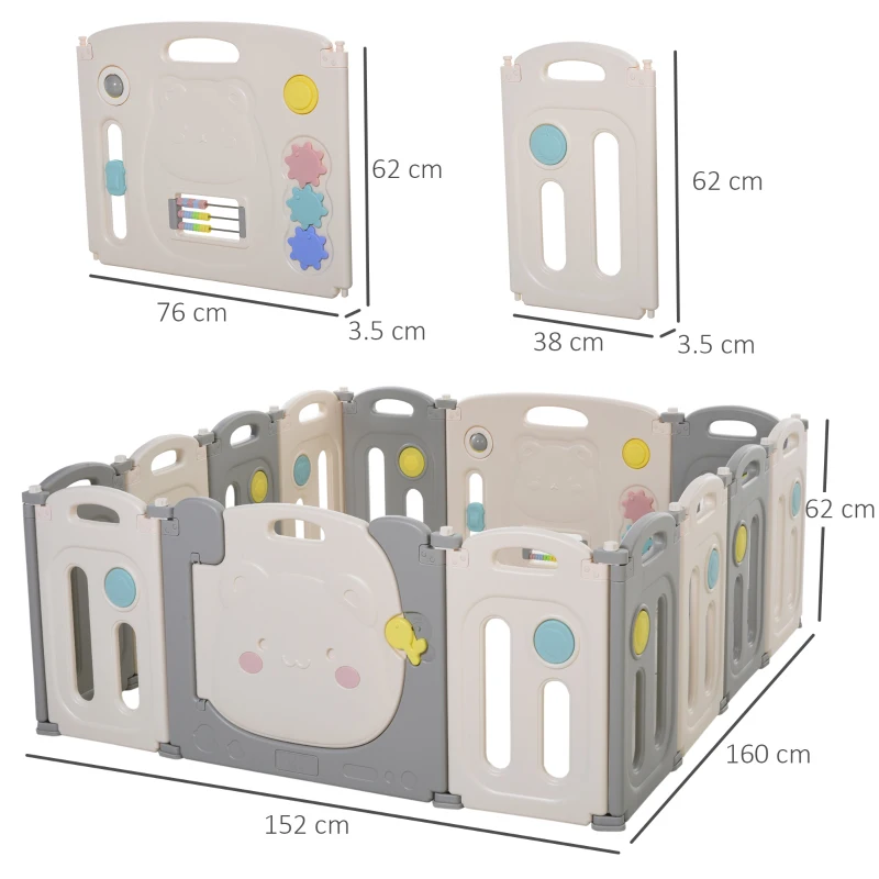 HOMCOM Box Recinto per Bambini +6 Mesi con 14 Pannelli a Incastro con Serratura e Giochi, Grigio e Bianco 160x152x62cm