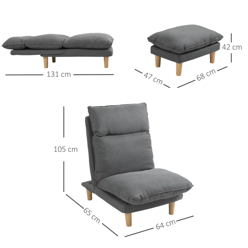 HOMCOM Poltrona Moderna con Poggiapiedi Design Poltrona Chaise Longue con Schienale Reclinabile in Lino Grigio, 64x65x105cm
