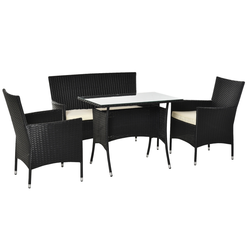 Outsunny Set Mobile da Giardino con Tavolo, 2 Poltrone e Divano 2 Posti, in Rattan PE con Cuscini, Nero e Bianco