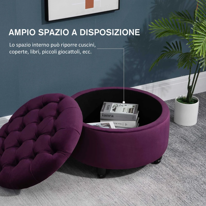 HOMCOM Pouf Contenitore in Velluto Viola per Camera, Design Vintage e Seduta in Stile Chesterfield Imbottita, 54x54x22cm