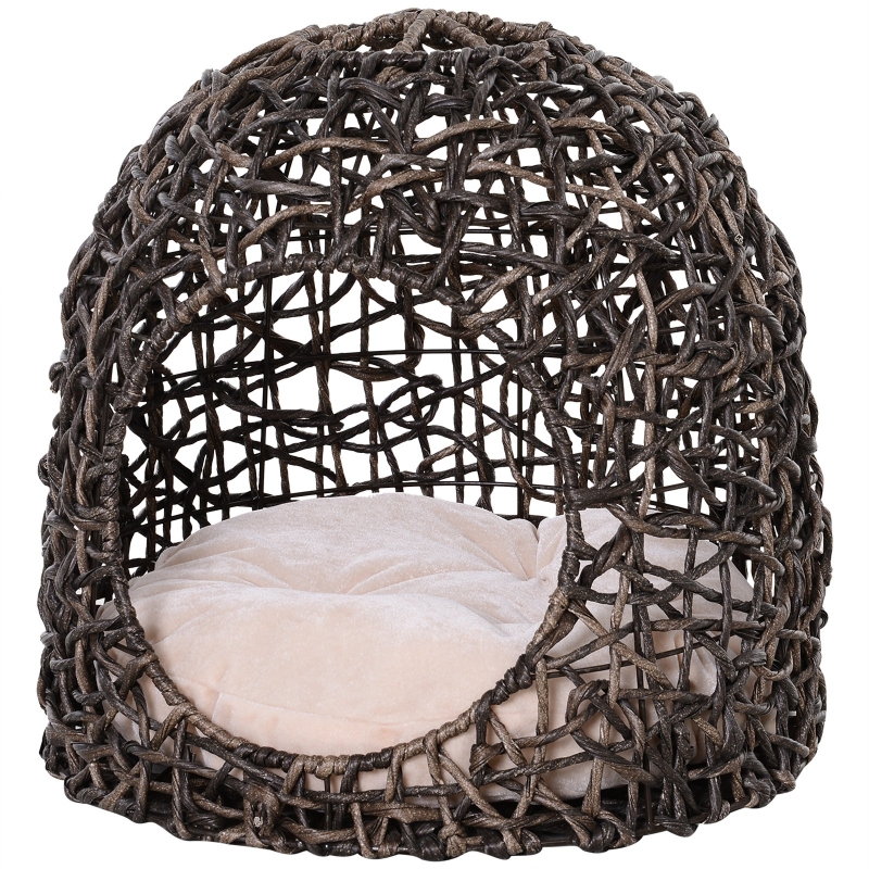 PawHut Letto per gatti in Vimini Marrone con Cuscino Φ49 x 46 cm