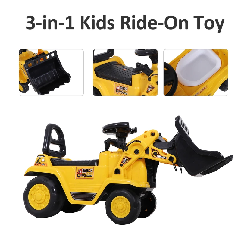 HOMCOM NO POWER 3 in 1 Ride On Toy Bulldozer Toddler Digger Excavator Scooter Storage Cart Toilet Pretend Play Construction Truck