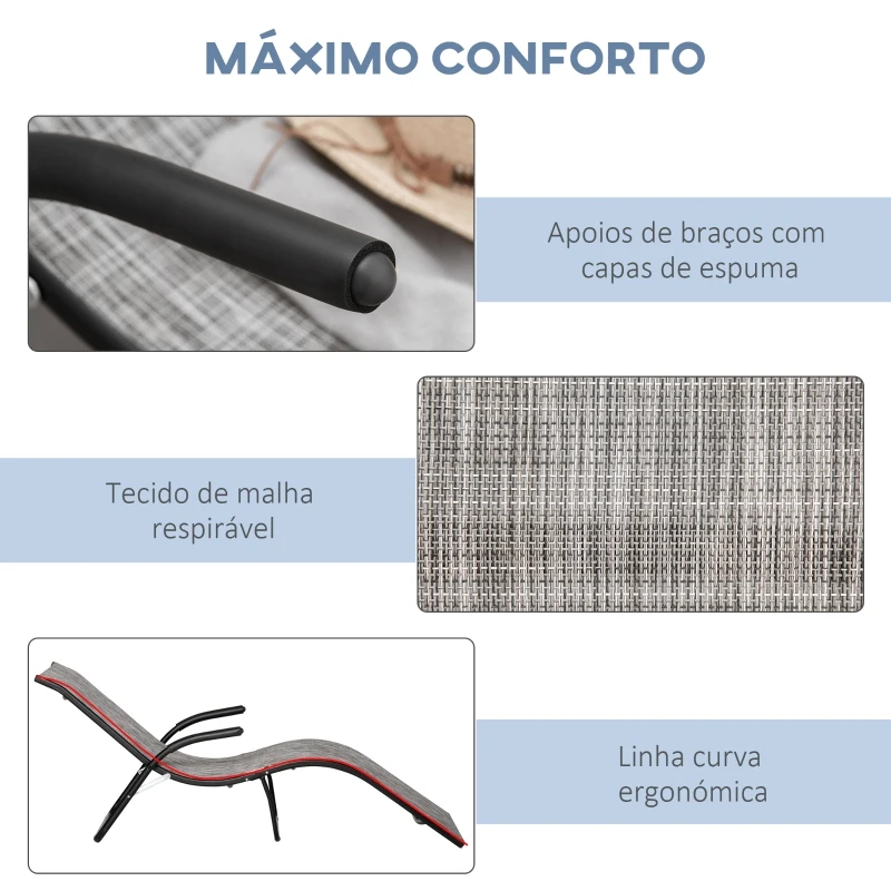 Outsunny Espreguiçadeira de Jardim com Apoio para os Braços Apoio para os Pés Encosto Respirável e Estrutura de Metal Ergonómico para Terraço Praia Acampamento 170x62x68cm Cinza