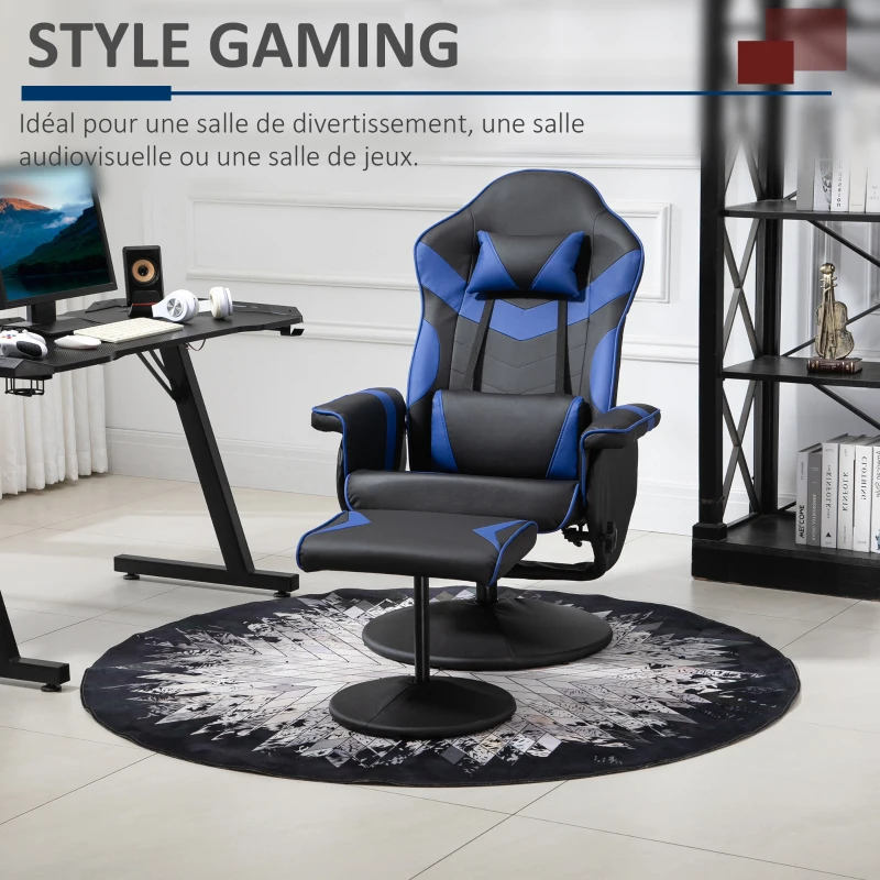 HOMCOM Fauteuil Gaming inclinable pivotant avec Repose-Pied - Coussins lombaires, tétière Inclus - revêtement synthétique Bleu Noir
