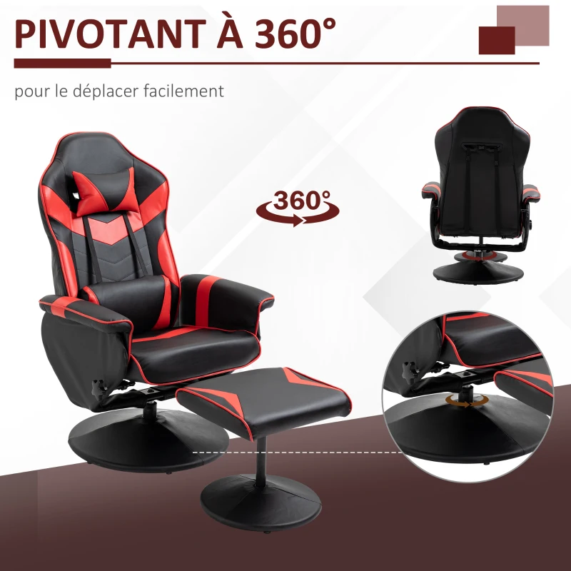 HOMCOM Fauteuil Gaming inclinable pivotant avec Repose-Pied - Coussins lombaires, tétière Inclus - revêtement synthétique Rouge Noir