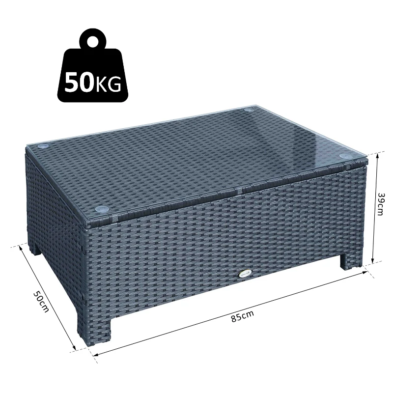 Outsunny Mesa de Centro de Jardín con Encimera de Cristal Templado de Ratán Sintético 85x50x39 cm Gris