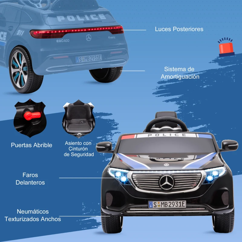 HOMCOM Coche Eléctrico de Policía para Niños Mercedes EQC Batería 12V +3 Años con Mando a Distancia Música Bocina y Faros Doble Apertura 106x68x53 cm Negro