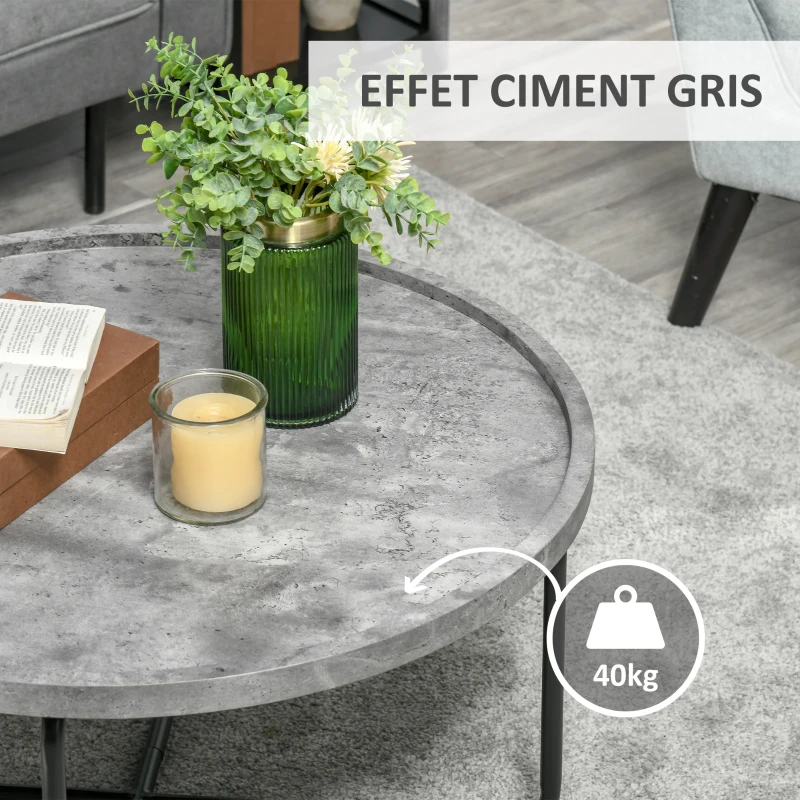 HOMCOM Table Basse Ronde Design dim. Ø 80 x 41H cm piètement croisé métal Noir Plateau MDF Effet béton ciré