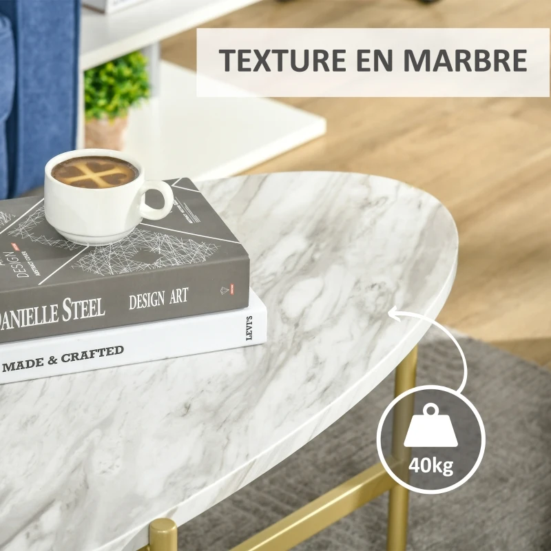 HOMCOM Table Basse Ovale Design Style Art déco dim. 121L x 51l x 45H cm Structure métal doré Plateau Aspect marbre Blanc