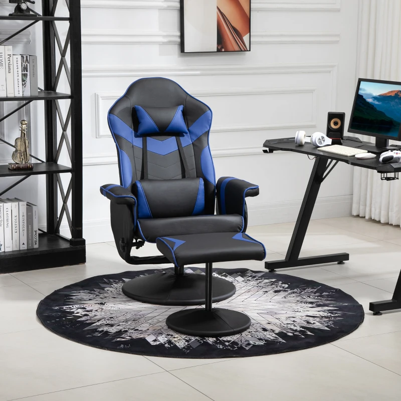 HOMCOM Fauteuil Gaming inclinable pivotant avec Repose-Pied - Coussins lombaires, tétière Inclus - revêtement synthétique Bleu Noir