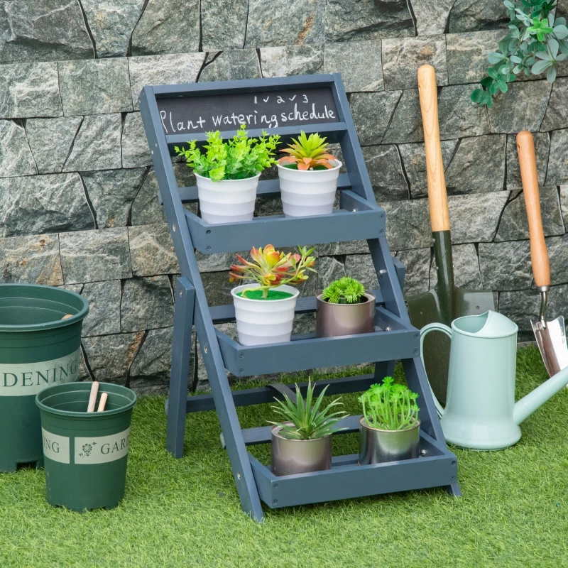 Outsunny Étagère à Fleurs Supports de Pots Porte Plante Bois 3 niveuax avec Rebord - Tableau Noir Personnalisable intégré pour Intérieur Balcon Jardin Terrasse - Bois Sapin Gris