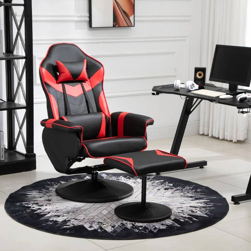 HOMCOM Fauteuil Gaming inclinable pivotant avec Repose-Pied - Coussins lombaires, tétière Inclus - revêtement synthétique Rouge Noir