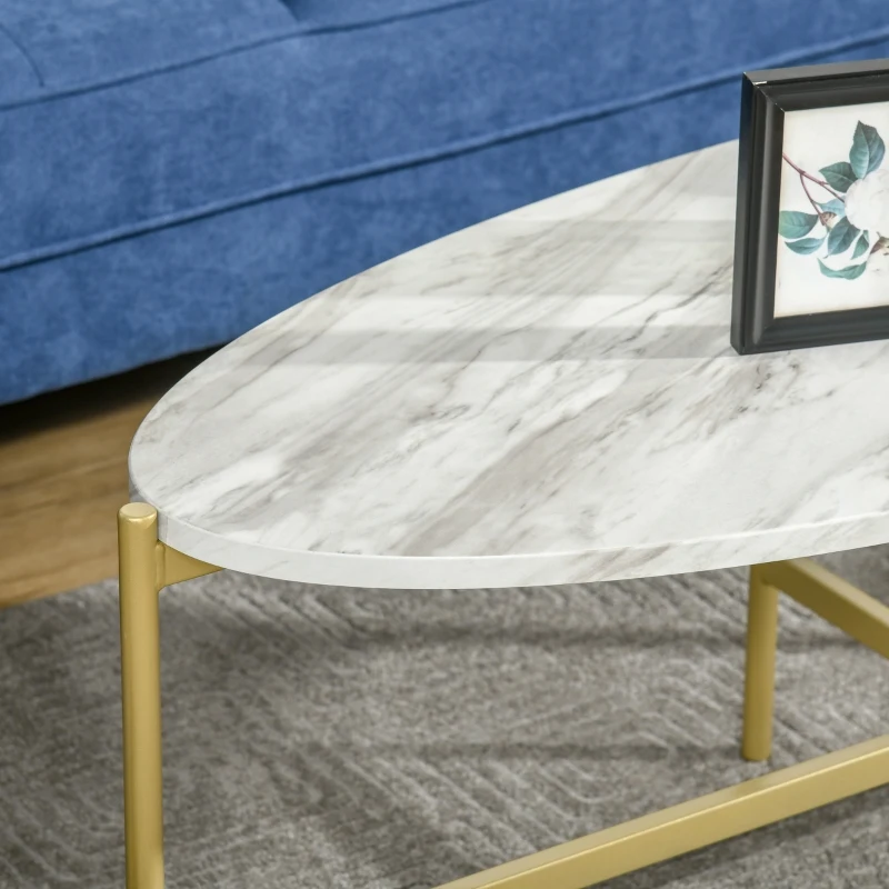 HOMCOM Table Basse Ovale Design Style Art déco dim. 121L x 51l x 45H cm Structure métal doré Plateau Aspect marbre Blanc