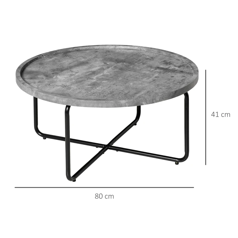 HOMCOM Table Basse Ronde Design dim. Ø 80 x 41H cm piètement croisé métal Noir Plateau MDF Effet béton ciré