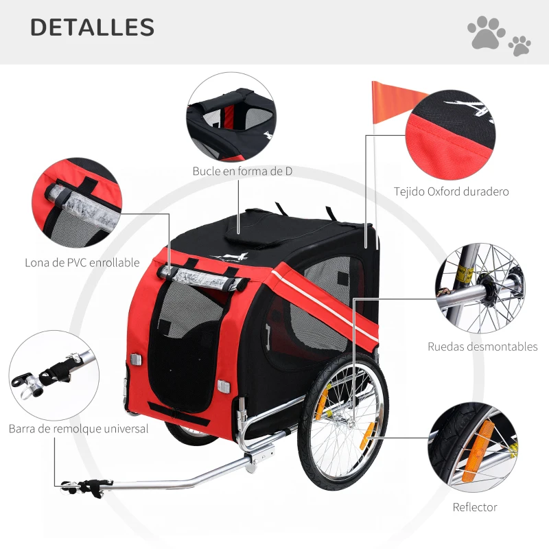 PawHut Remolque plegable para bicicleta de mascotas 8 reflectores bandera barra de remolque incluida acero poliéster impermeable máx. 30 Kg 130x73x90 cm rojo