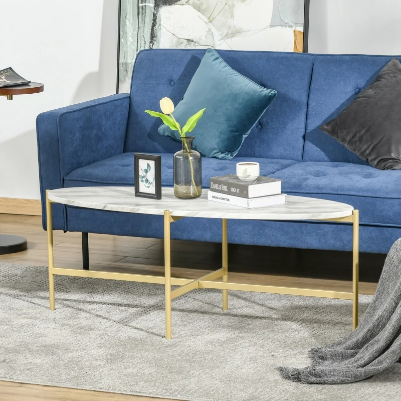 HOMCOM Table Basse Ovale Design Style Art déco dim. 121L x 51l x 45H cm Structure métal doré Plateau Aspect marbre Blanc