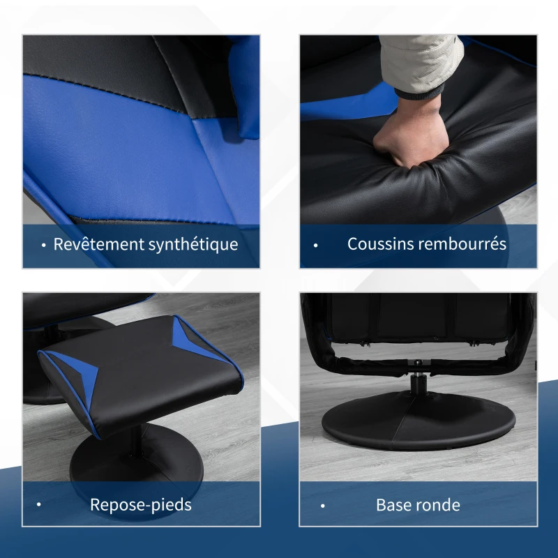 HOMCOM Fauteuil Gaming inclinable pivotant avec Repose-Pied - Coussins lombaires, tétière Inclus - revêtement synthétique Bleu Noir