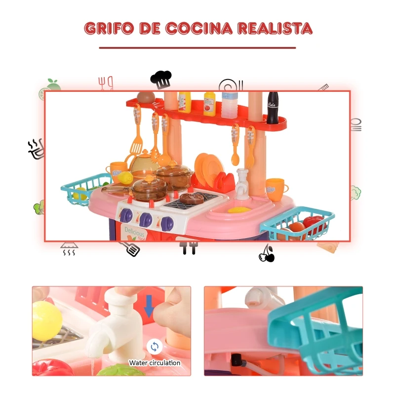 HOMCOM Cocinita de Juguete para Niños de +3 Años con 51 Accesorios Efectos de Luz y Música Cocina Infantil Juego de Rol Utensilios 71,5x35x85,5 cm Multicolor