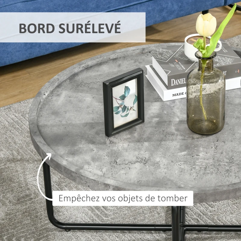 HOMCOM Table Basse Ronde Design dim. Ø 80 x 41H cm piètement croisé métal Noir Plateau MDF Effet béton ciré