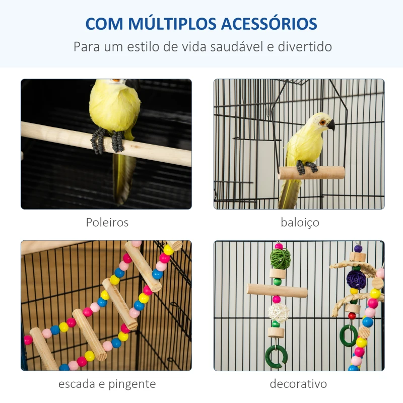 PawHut Gaiola para Passáros Gaiola de Metal com Múltiplas Portas 4 Comedouros 3 Poleiros Baloiço Escadas e Bandeja Removível para Periquitos Canários 46x36x100cm Preto