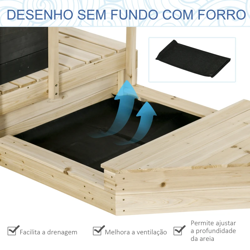 Outsunny Caixa de Areia Infantil de Madeira Desenho de Barco a Vela Toldo Quadro Negro bandeira Vermelha e Volante Caixa de Areia de Jardim para Crianças acima de 3 Anos 180x91,5x144cm Natural