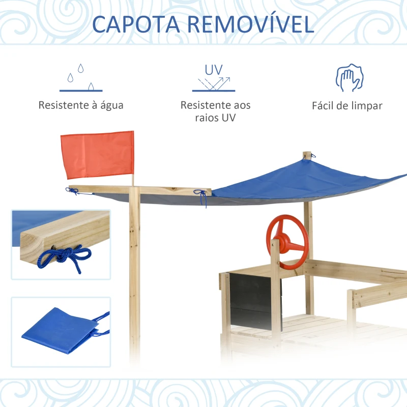 Outsunny Caixa de Areia Infantil de Madeira Desenho de Barco a Vela Toldo Quadro Negro bandeira Vermelha e Volante Caixa de Areia de Jardim para Crianças acima de 3 Anos 180x91,5x144cm Natural