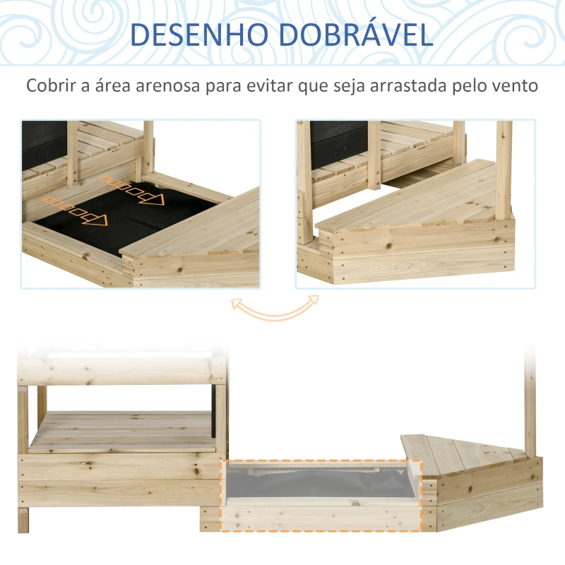 Outsunny Caixa de Areia Infantil de Madeira Desenho de Barco a Vela Toldo Quadro Negro bandeira Vermelha e Volante Caixa de Areia de Jardim para Crianças acima de 3 Anos 180x91,5x144cm Natural