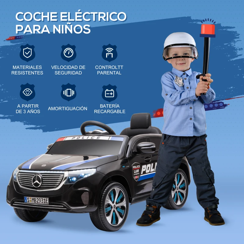 HOMCOM Coche Eléctrico de Policía para Niños Mercedes EQC Batería 12V +3 Años con Mando a Distancia Música Bocina y Faros Doble Apertura 106x68x53 cm Negro