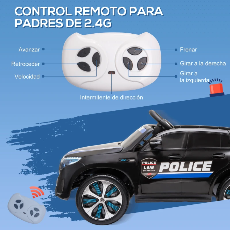 HOMCOM Coche Eléctrico de Policía para Niños Mercedes EQC Batería 12V +3 Años con Mando a Distancia Música Bocina y Faros Doble Apertura 106x68x53 cm Negro