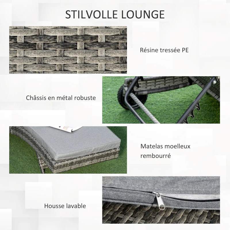 Outsunny ligstoel met kussen rotan effect grijs 207 x 70 x 70 cm