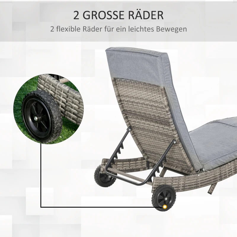 Outsunny ligstoel met kussen rotan effect grijs 207 x 70 x 70 cm
