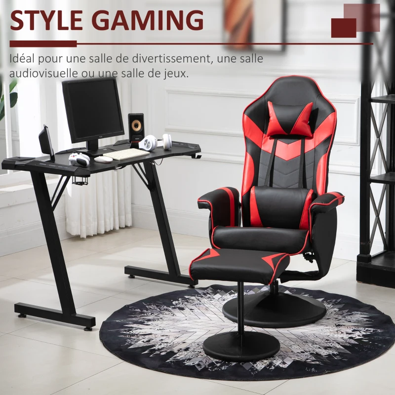 HOMCOM Fauteuil Gaming inclinable pivotant avec Repose-Pied - Coussins lombaires, tétière Inclus - revêtement synthétique Rouge Noir