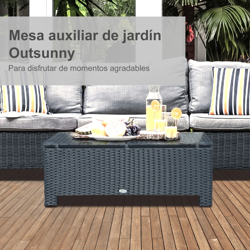 Outsunny Mesa de Centro de Jardín con Encimera de Cristal Templado de Ratán Sintético 85x50x39 cm Gris