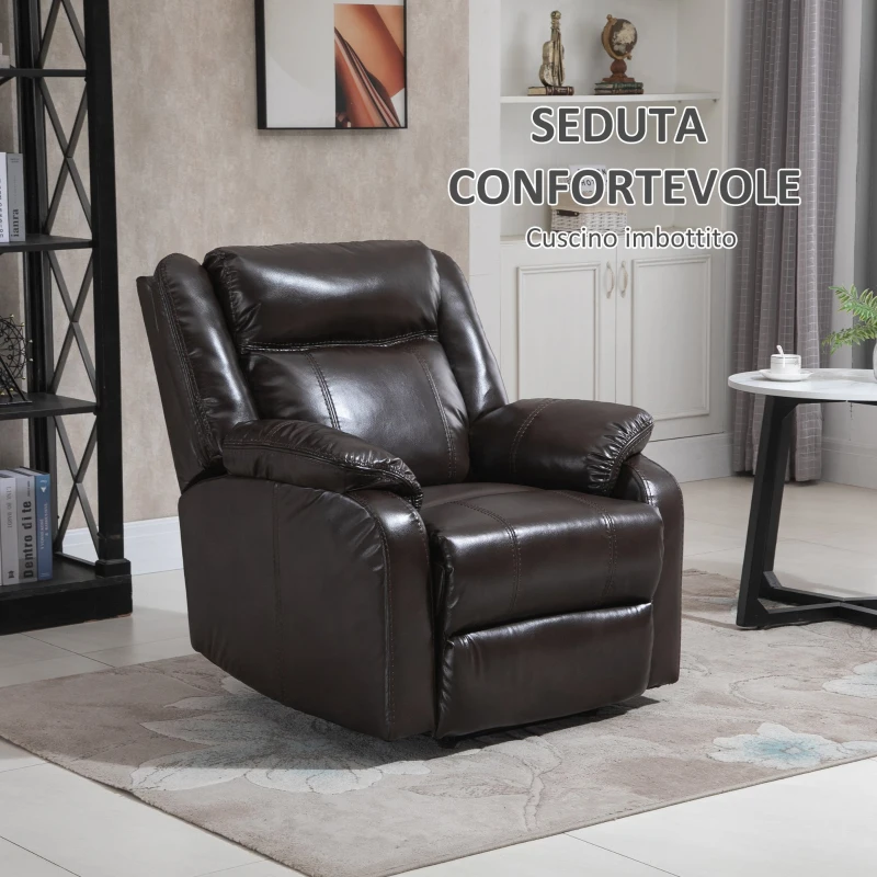 HOMCOM Poltrona Relax Reclinabile fino 150° con Poggiapiedi Integrato, Similpelle PU e Metallo, Marrone, 90x95x100cm