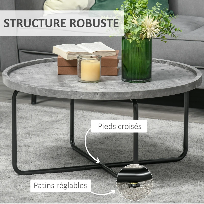 HOMCOM Table Basse Ronde Design dim. Ø 80 x 41H cm piètement croisé métal Noir Plateau MDF Effet béton ciré